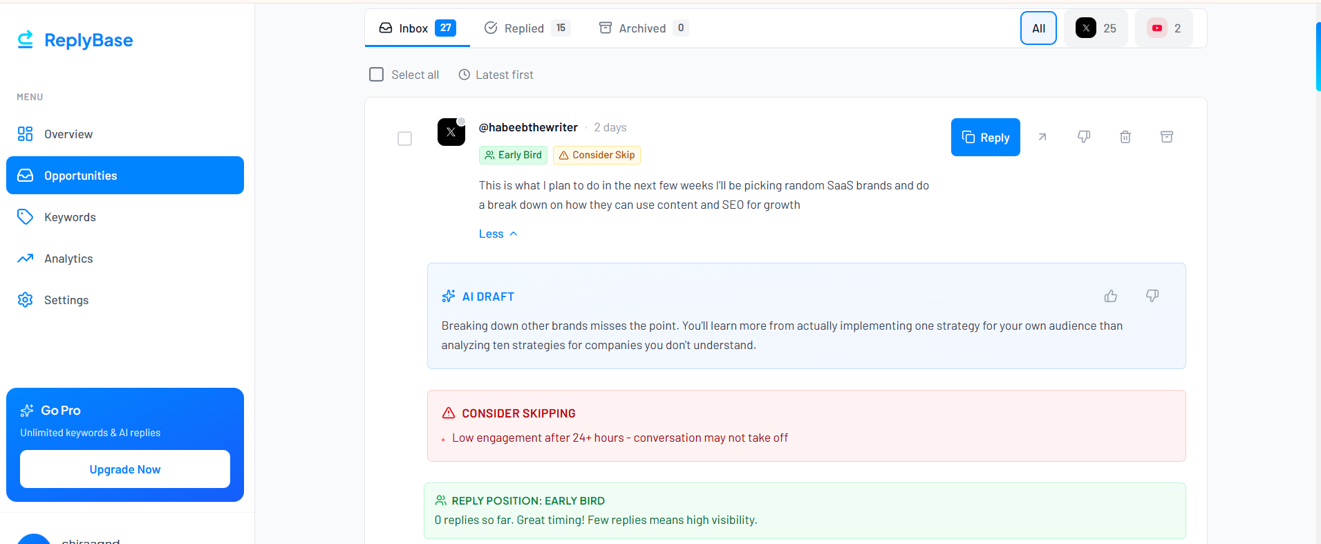 ReplyBase opportunity feed showing scored conversations with AI draft replies